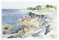 Akvarel af skrænt og farvede sten langs strandkanten på Bornholm