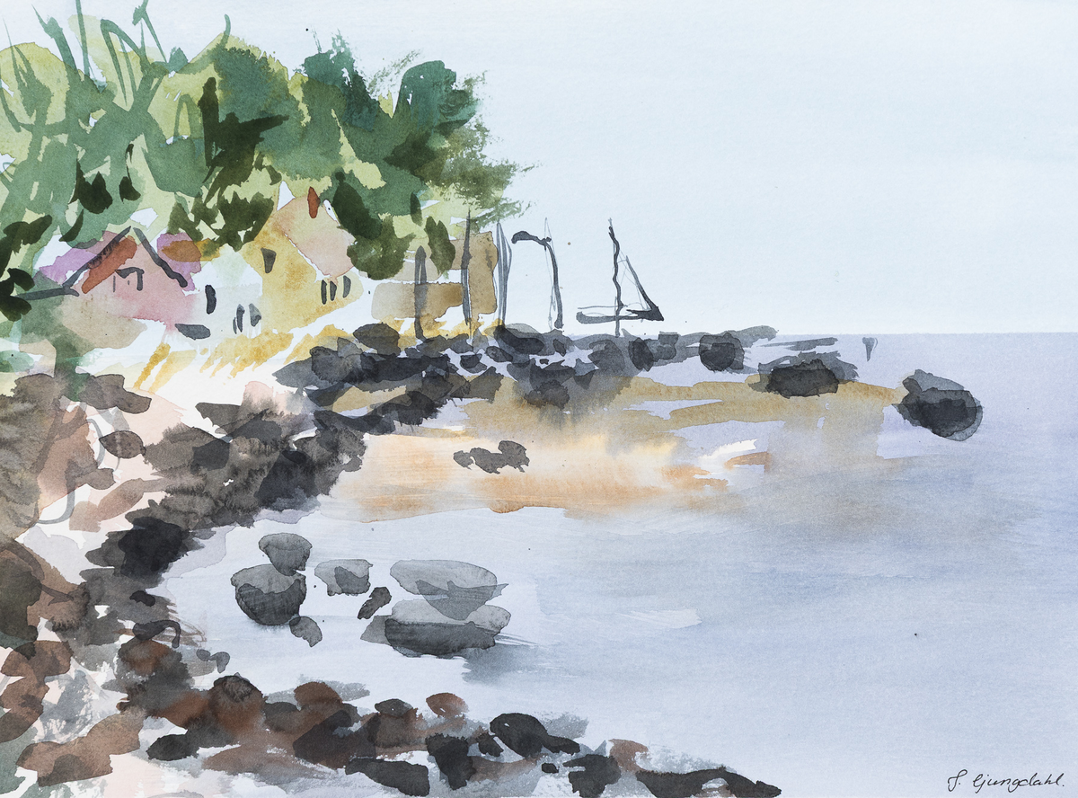 Akvarel af den lille havn ved Helligpeder med huse mellem træerne og mørke sten i det stille vand