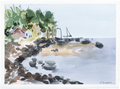 Akvarel af lille havn med huse mellem træer og mørke sten i vandet